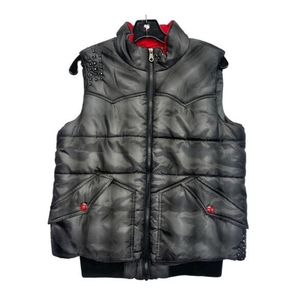 Cruel Girl Plaid Puffer Vest with Studded Embellishments Gray Size M - Picture 1 of 14